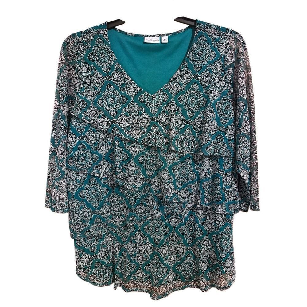 Kim Rogers Curvy Size 1X Teal Tiered Sheer Ruffles & Sleeves Lined V-Neck Blouse